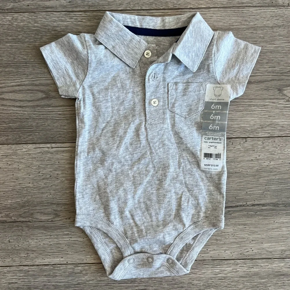 Carter’s Baby Boy Short Sleeve Polo Onesie Bodysuit Light Gray Size 6 Months NWT